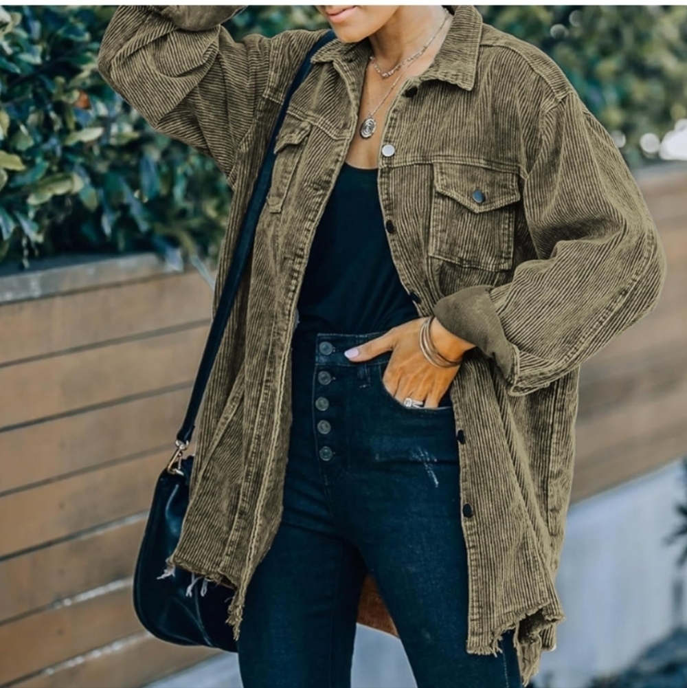 Women's Casual Oversized Button Down Corduroy Shirt Jacket Coat Washed_Med
